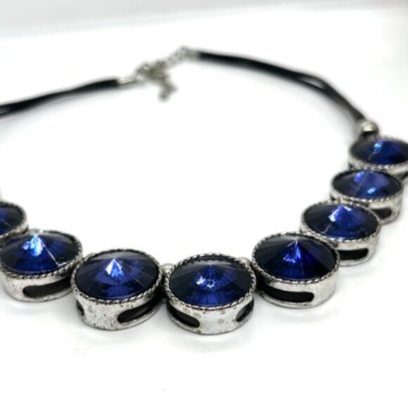 BOLD BLUE RIVOLI RHINESTONE STATEMENT NECKLACE BLACK CORD SILVER TONE BIB COLLAR - Picture 7 of 16